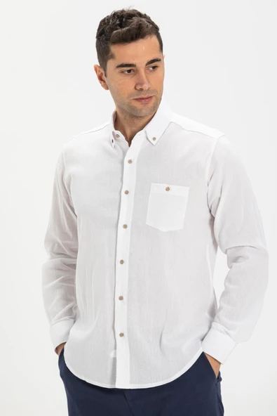 Uzun Kol Dar Kalıp Şile Bezi Tek Cepli Erkek Yazlık Gömlek Beyaz 3001 M Beyaz - Resim 3