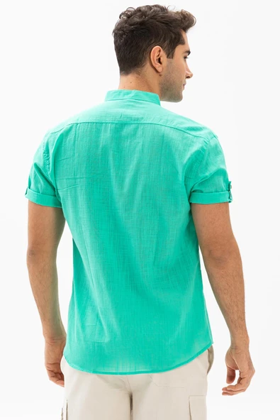 Kısa Kol Şantuklu Pamuk Bodrum Yazlık Erkek Gömlek Su Yeşili 3047 S Su Yeşili - Resim 2