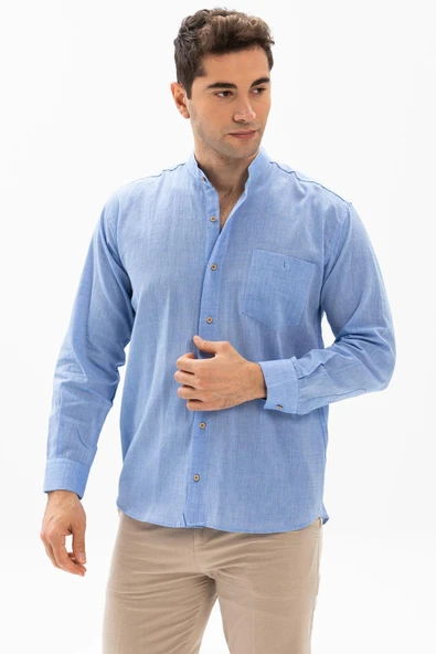 Uzun Kol Şile Bezi Hakim Yaka Tek Cepli Erkek Yazlık Gömlek Mavi 3032 ürün görseli
