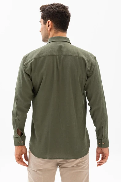 Uzun Kol Şile Bezi Tek Cepli Erkek Yazlık Gömlek Haki 3049 - Resim 2