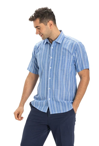 Büyük Beden Kısa Kol Şile Bezi Tek Cepli Erkek Yazlık Gömlek Mavi Beyaz Çizgili 3019 4XL Mavi Beyaz Çizgili - Resim 6
