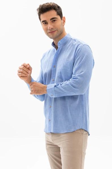 Uzun Kol Şile Bezi Hakim Yaka Tek Cepli Erkek Yazlık Gömlek Mavi 3032 M Mavi - Resim 3