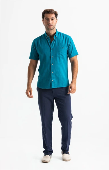 Kısa Kol Dar Kalıp Şile Bezi Tek Cepli Erkek Yazlık Gömlek Petrol 3053 L Petrol ürün görseli