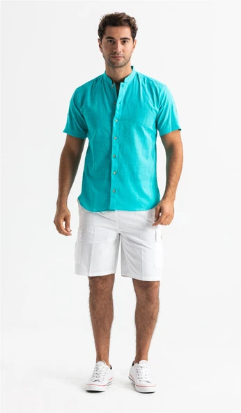 Kısa Kol Şantuklu Pamuk Bodrum Yazlık Erkek Gömlek Turkuaz 3054 - Resim 4