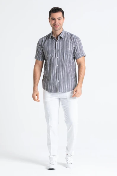 Büyük Beden Kısa Kol Şile Bezi Tek Cepli Erkek Yazlık Gömlek Gri Beyaz Çizgili 3078 - Resim 5