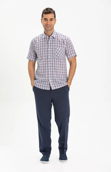 Büyük Beden Kısa Kol Şile Bezi Tek Cepli Erkek Yazlık Gömlek Mor Kareli 3035 4XL Mor Ekose - Resim 4