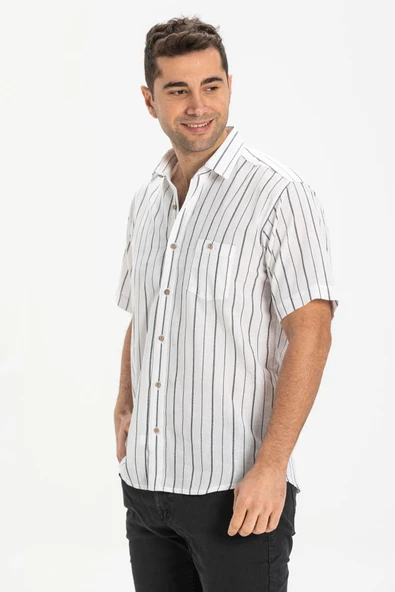Kısa Kol Şile Bezi Tek Cepli Erkek Yazlık Gömlek Beyaz Siyah Çizgili 3006 XL Beyaz Çizgili - Resim 3