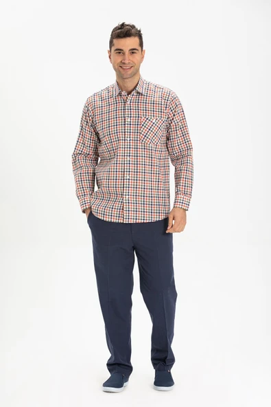 Uzun Kol Şile Bezi Tek Cepli Erkek Yazlık Gömlek Turuncu Lacivert Pötikare 3021 XL Pötikare ürün görseli