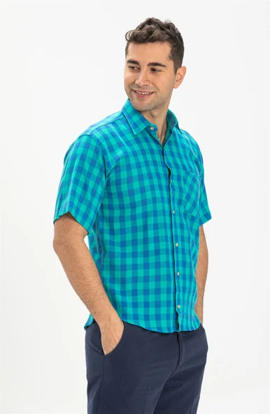 Büyük Beden Kısa Kol Şile Bezi Tek Cepli Erkek Yazlık Gömlek Mint Kareli 3033 4XL Mint Kareli - Resim 3