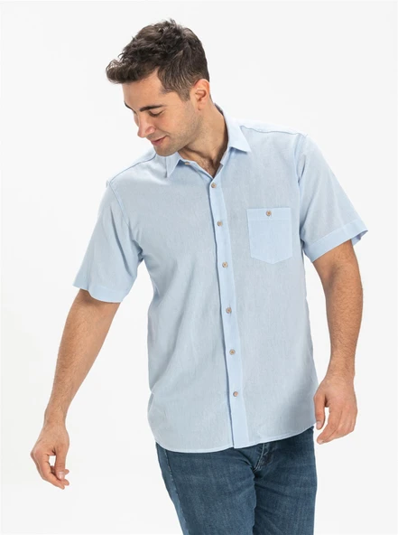 Büyük Beden Kısa Kol Şile Bezi Tek Cepli Erkek Yazlık Gömlek Buz Mavi 3027 6XL Buz Mavi - 3