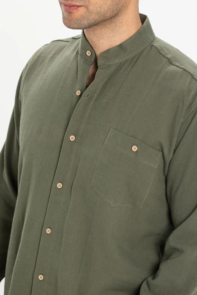 Uzun Kol Şile Bezi Hakim Yaka Tek Cepli Erkek Yazlık Gömlek Haki 3049 M Haki - Resim 3