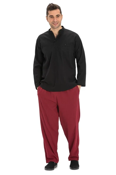 Büyük Beden Şile Bezi Uzun Kol Tek Cepli Hakim Yaka Erkek Yazlık Tshirt Siyah 3003 4XL Siyah - Resim 5