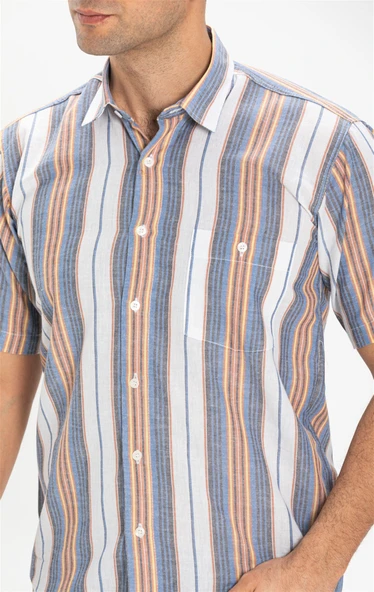 Büyük Beden Kısa Kol Şile Bezi Tek Cepli Erkek Yazlık Gömlek Mavi Gri Çizgili 3037 - Resim 3