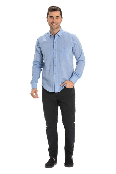 Uzun Kol Dar Kalıp Şile Bezi Tek Cepli Erkek Yazlık Gömlek Mavi 3032 2XL Mavi - Resim 5