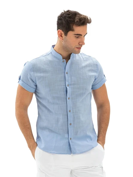Kısa Kol Şantuklu Pamuk Bodrum Yazlık Erkek Gömlek Açık Mavi 3074 S Açık Mavi - Resim 6
