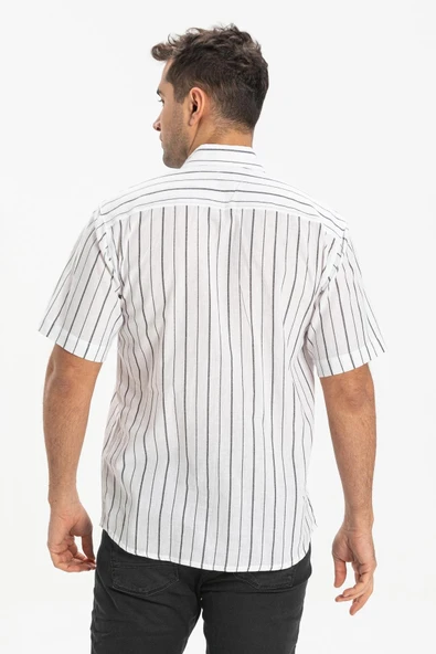 Kısa Kol Şile Bezi Tek Cepli Erkek Yazlık Gömlek Beyaz Siyah Çizgili 3006 M Beyaz Çizgili - Resim 2