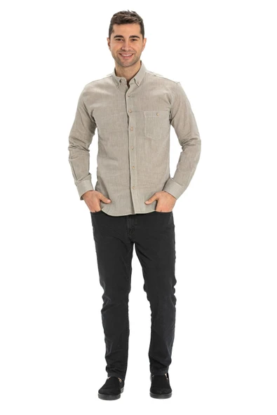 Uzun Kol Dar Kalıp Şile Bezi Tek Cepli Erkek Yazlık Gömlek Taş 3031 XL Taş - Resim 5