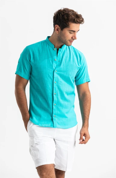 Kısa Kol Şantuklu Pamuk Bodrum Yazlık Erkek Gömlek Turkuaz 3054 ürün görseli