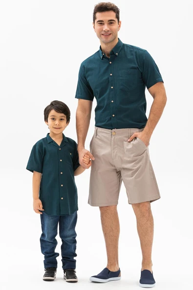 Kısa Kol Dar Kalıp Şile Bezi Tek Cepli Erkek Yazlık Gömlek Koyu Petrol 3069 2XL Koyu Petrol - Resim 5