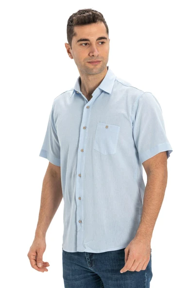Büyük Beden Kısa Kol Şile Bezi Tek Cepli Erkek Yazlık Gömlek Buz Mavi 3027 6XL Buz Mavi - 6
