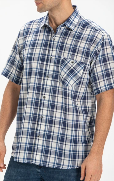 Büyük Beden Kısa Kol Şile Bezi Tek Cepli Erkek Yazlık Gömlek Lacivert Ekose 3058 4XL Lacivert Ekose - 3