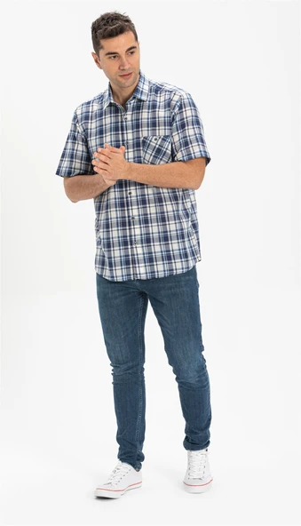 Büyük Beden Kısa Kol Şile Bezi Tek Cepli Erkek Yazlık Gömlek Lacivert Ekose 3058 4XL Lacivert Ekose - 4