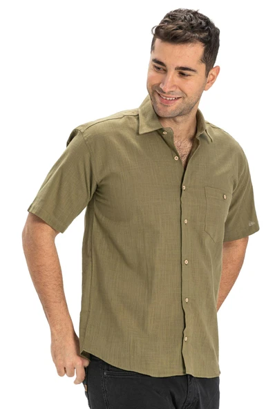 Büyük Beden Kısa Kol Şile Bezi Tek Cepli Erkek Yazlık Gömlek Haki 3049 4XL Haki - Resim 5