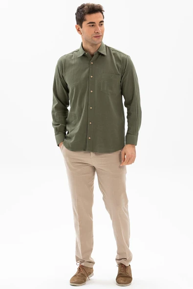 Uzun Kol Şile Bezi Tek Cepli Erkek Yazlık Gömlek Haki 3049 - Resim 4