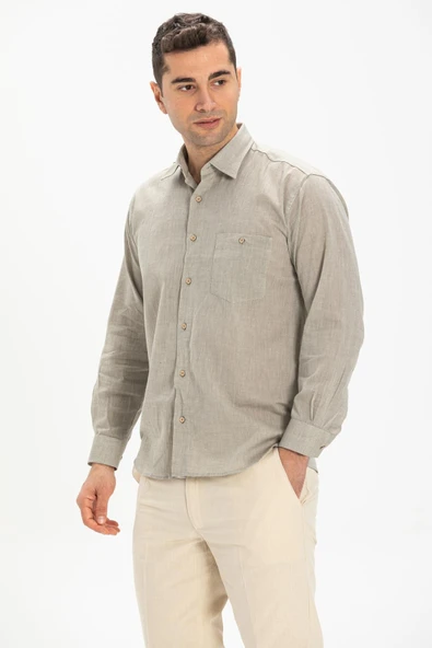 Uzun Kol Şile Bezi Tek Cepli Erkek Yazlık Gömlek Taş 3031 L Taş - Resim 3