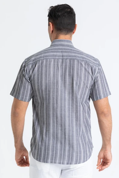 Büyük Beden Kısa Kol Şile Bezi Tek Cepli Erkek Yazlık Gömlek Gri Beyaz Çizgili 3078 4XL Gri Beyaz Çizgili - Resim 2