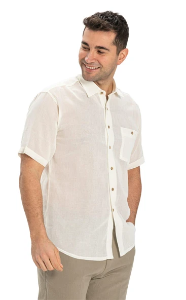 Büyük Beden Kısa Kol Şile Bezi Tek Cepli Erkek Yazlık Gömlek Krem 3002 5XL Krem - Resim 5