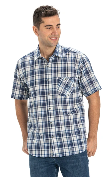 Büyük Beden Kısa Kol Şile Bezi Tek Cepli Erkek Yazlık Gömlek Lacivert Ekose 3058 4XL Lacivert Ekose - 6