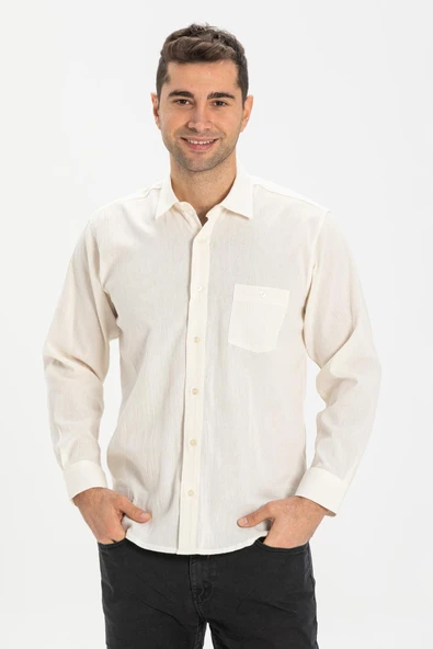 Büyük Beden Şile Bezi Tek Cepli Uzun Kol Erkek Yazlık Gömlek Krem 3002 6XL Krem - Resim 3