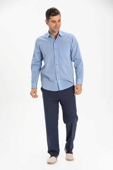 Uzun Kol Şile Bezi Tek Cepli Erkek Yazlık Gömlek Mavi 3032 M Mavi ürün görseli