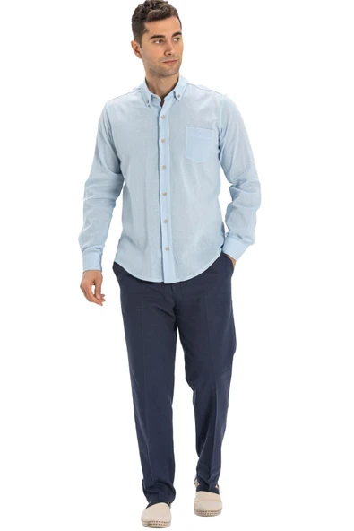 Uzun Kol Dar Kalıp Şile Bezi Tek Cepli Erkek Yazlık Gömlek Buz Mavi 3027 2XL Buz Mavi - 6
