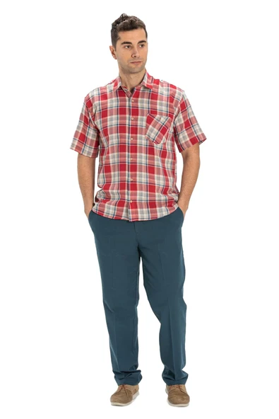 Kısa Kol Şile Bezi Tek Cepli Erkek Yazlık Gömlek Kırmızı Lacivert Ekose 3057 2XL Lacivert Ekose - Resim 6