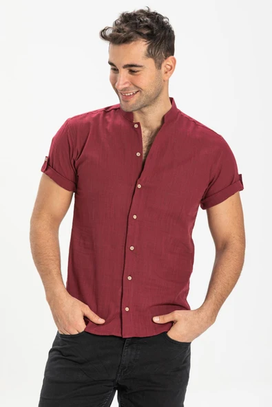 Kısa Kol Şantuklu Pamuk Bodrum Yazlık Erkek Gömlek Koyu Bordo 3068 2XL Bordo - Resim 5
