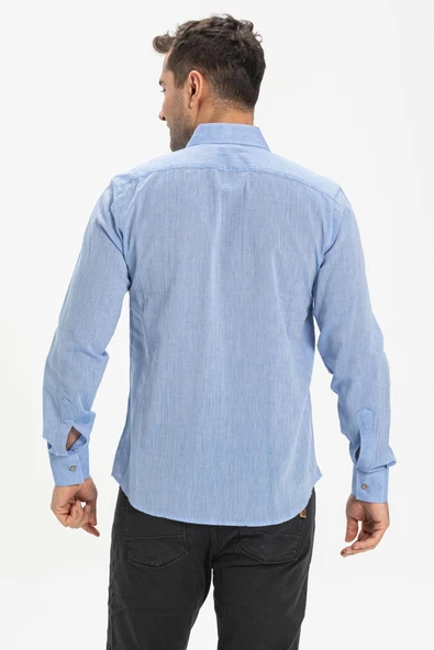 Uzun Kol Dar Kalıp Şile Bezi Tek Cepli Erkek Yazlık Gömlek Mavi 3032 L Mavi - Resim 2