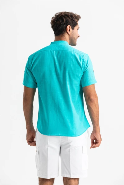 Kısa Kol Şantuklu Pamuk Bodrum Yazlık Erkek Gömlek Turkuaz 3054 - Resim 2