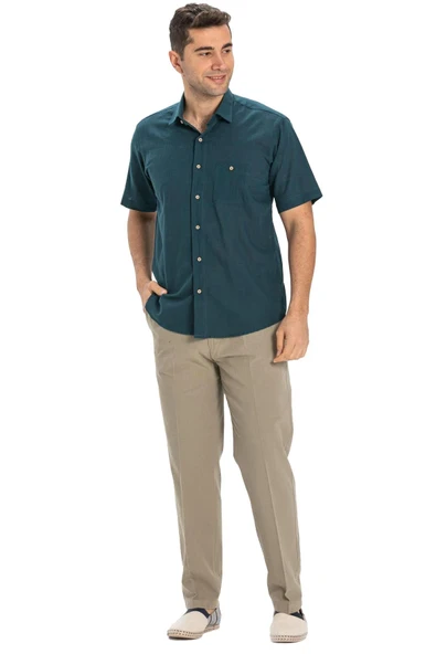 Kısa Kol Şile Bezi Tek Cepli Erkek Yazlık Gömlek Koyu Petrol 3069 XL Koyu Petrol - Resim 6