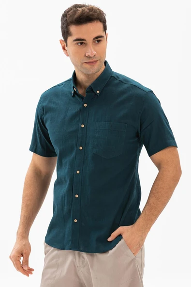 Kısa Kol Dar Kalıp Şile Bezi Tek Cepli Erkek Yazlık Gömlek Koyu Petrol 3069 XL Koyu Petrol ürün görseli