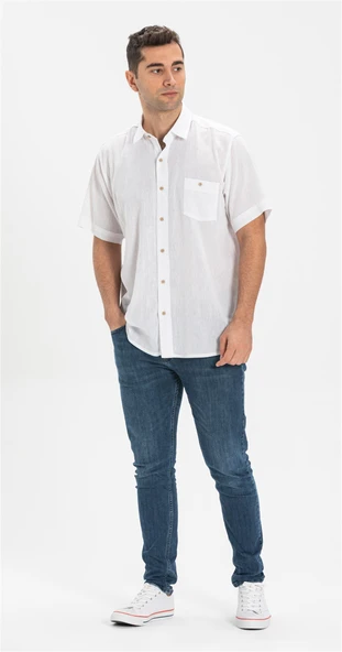 Büyük Beden Kısa Kol Şile Bezi Tek Cepli Erkek Yazlık Gömlek Beyaz 3001 6XL Beyaz - Resim 4