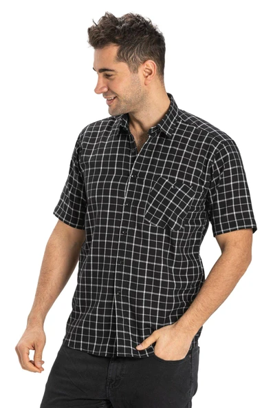 Büyük Beden Kısa Kol Şile Bezi Tek Cepli Erkek Yazlık Gömlek Siyah Kareli 3055 4XL Siyah Kareli - Resim 5