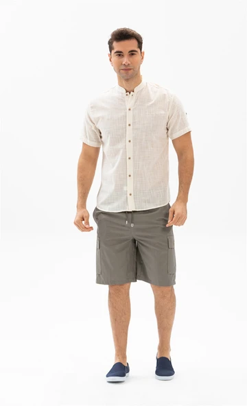 Kısa Kol Şantuklu Pamuk Bodrum Yazlık Erkek Gömlek Krem 3002 M Krem - Resim 2
