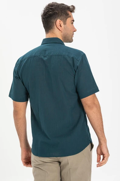Kısa Kol Şile Bezi Tek Cepli Erkek Yazlık Gömlek Koyu Petrol 3069 L Koyu Petrol - 2