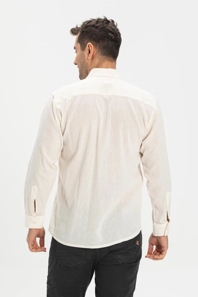 Büyük Beden Şile Bezi Tek Cepli Uzun Kol Erkek Yazlık Gömlek Krem 3002 4XL Krem - 2