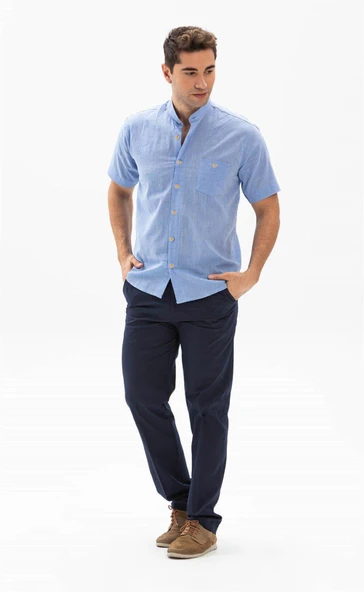 Kısa Kol Şile Bezi Hakim Yaka Tek Cepli Erkek Yazlık Gömlek Mavi 3032 - Resim 4