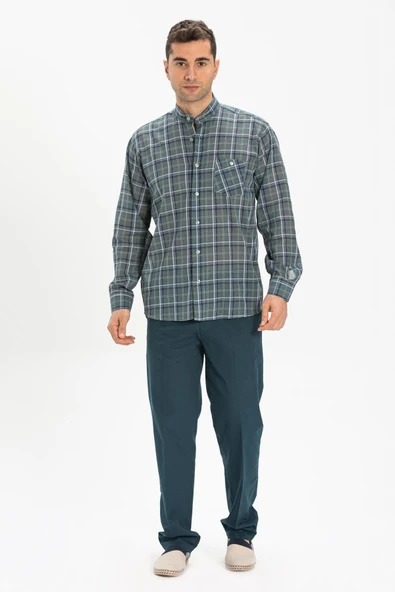 Uzun Kol Şile Bezi Hakim Yaka Tek Cepli Erkek Yazlık Gömlek Haki Ekose 3041 L Haki Ekose ürün görseli