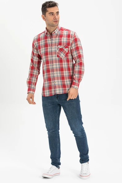 Uzun Kol Dar Kalıp Şile Bezi Tek Cepli Erkek Yazlık Gömlek Kırmızı Lacivert Ekose 3057 L Kırmızı Ekose ürün görseli