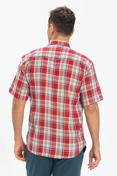 Kısa Kol Şile Bezi Tek Cepli Erkek Yazlık Gömlek Kırmızı Lacivert Ekose 3057 2XL Lacivert Ekose - Resim 2